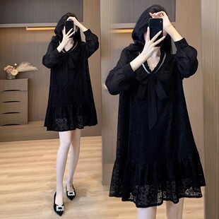 300斤蕾丝长袖 小黑裙胖mm宽松遮肉显瘦连衣裙 大码 2025春秋新款