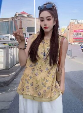 大码新中式印花拼接纱网背心女