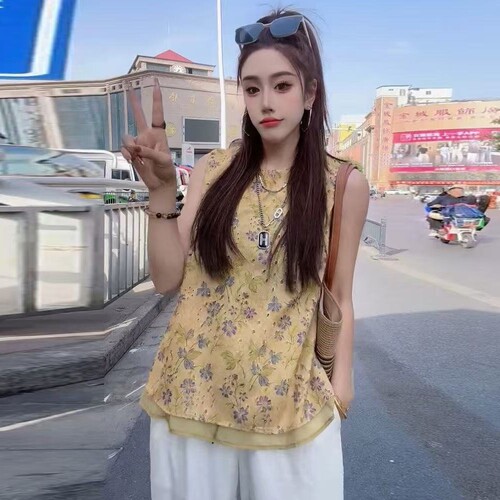大码新中式印花拼接纱网背心女