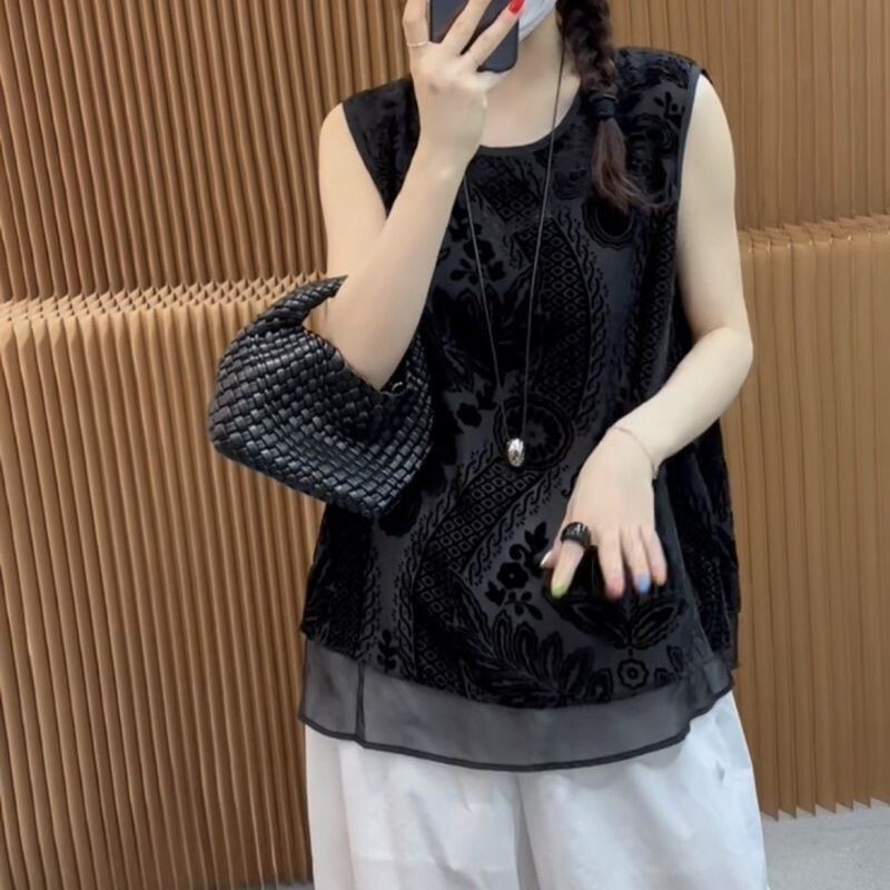 大码胖mm气质黑色显瘦宽松遮肉薄款拼接纱网假两件夏季无袖背心女