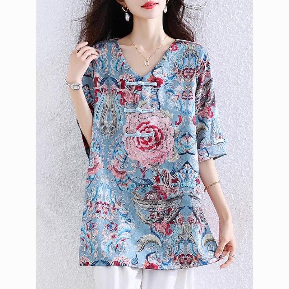 夏季新款大码2-300斤新中式洋气宽松遮肉显瘦V领国风盘扣短袖T恤,女装/女士精品,大码内搭,淘宝优惠券,粉丝福利购,淘宝优惠卷