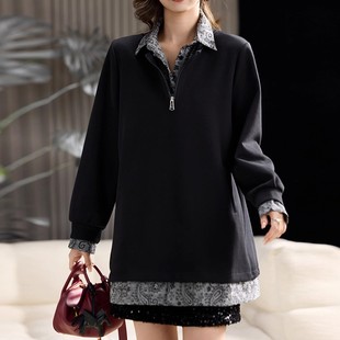 300斤拼接腰果花宽松遮肉显瘦polo领长袖 卫衣 大码 2025秋冬新款