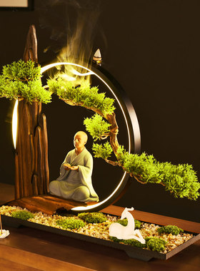 中式彷真迎客松摆件招财客厅玄关办公室禅意小和尚家居工艺礼品摆