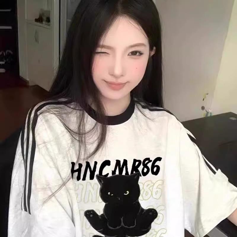 2025新款拼接条纹纯棉短袖t恤女夏季宽松原宿风正肩大码半袖上衣