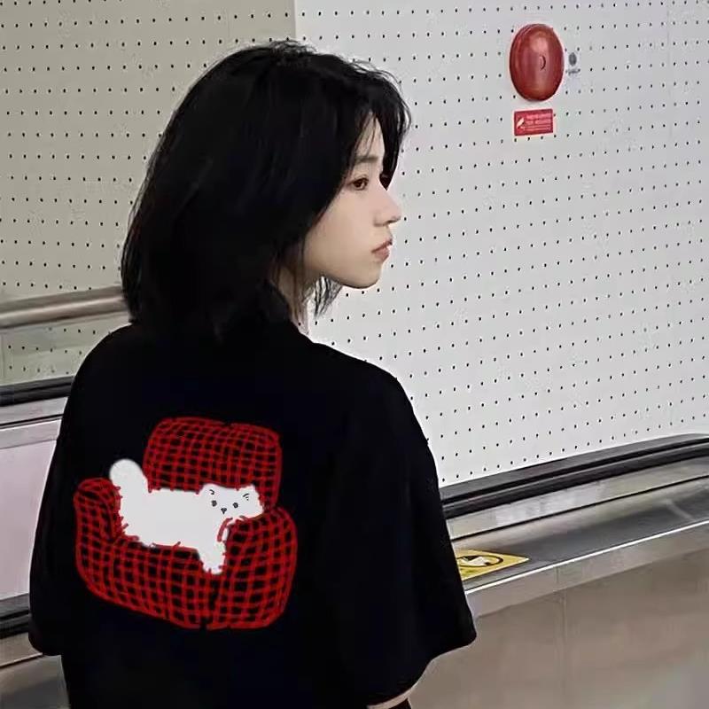 大码纯棉短袖t恤女2025新款夏季正肩设计感黑色美式宽松半袖上衣