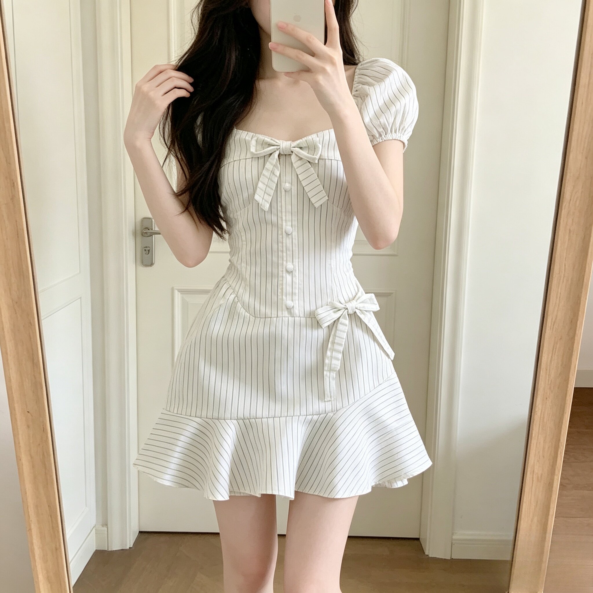 风琴少女 古着A字短裙小众设计感白色条纹方领收腰连衣裙小清新女