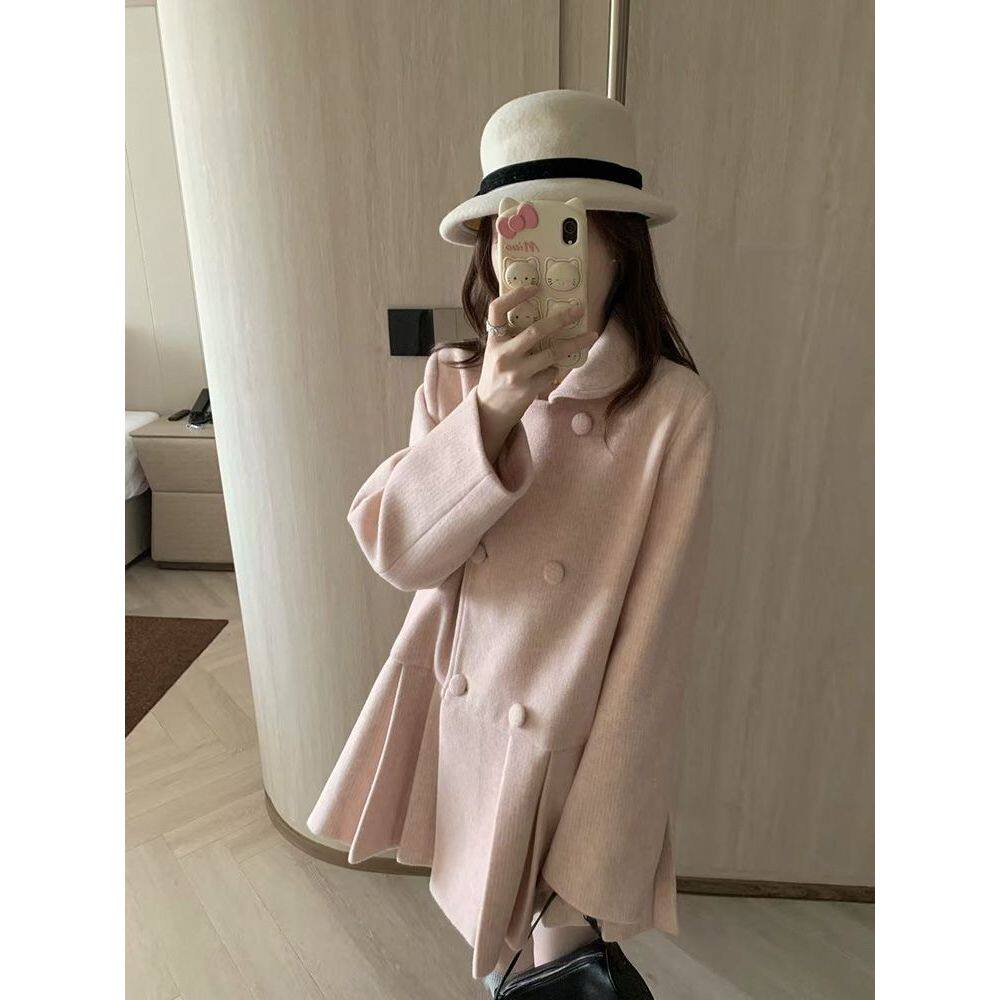 日系doll感甜美温柔少女风双排扣娃娃领百褶大衣小个子外套女