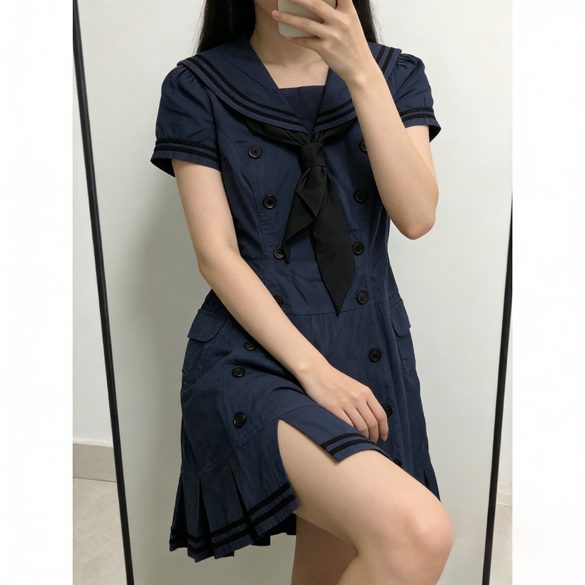 海风浪屿 日系水手服藏青色减龄海军领显瘦短袖连衣裙女春季新款