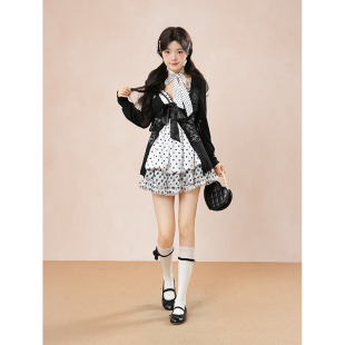 蕾丝开衫 vintage古着甜系套装 波点吊带半身裙三件套 波波奶茶