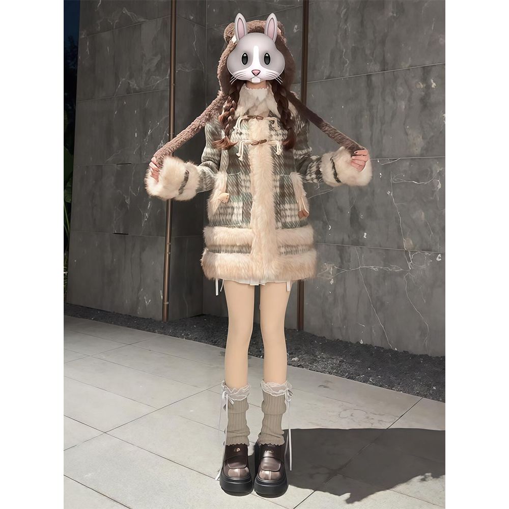 北海道冬日 冬季新款日系学院风氛围感vintage设计牛角扣毛呢外套