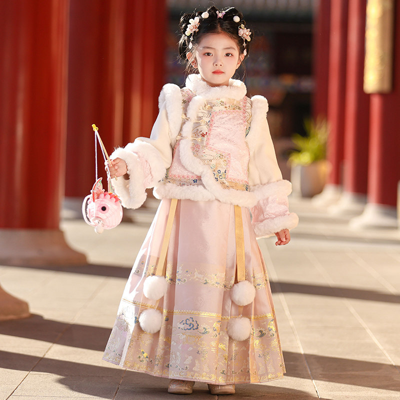 汉服女童秋冬国风加厚马面裙套装2025新款儿童冬装新年过年拜年服