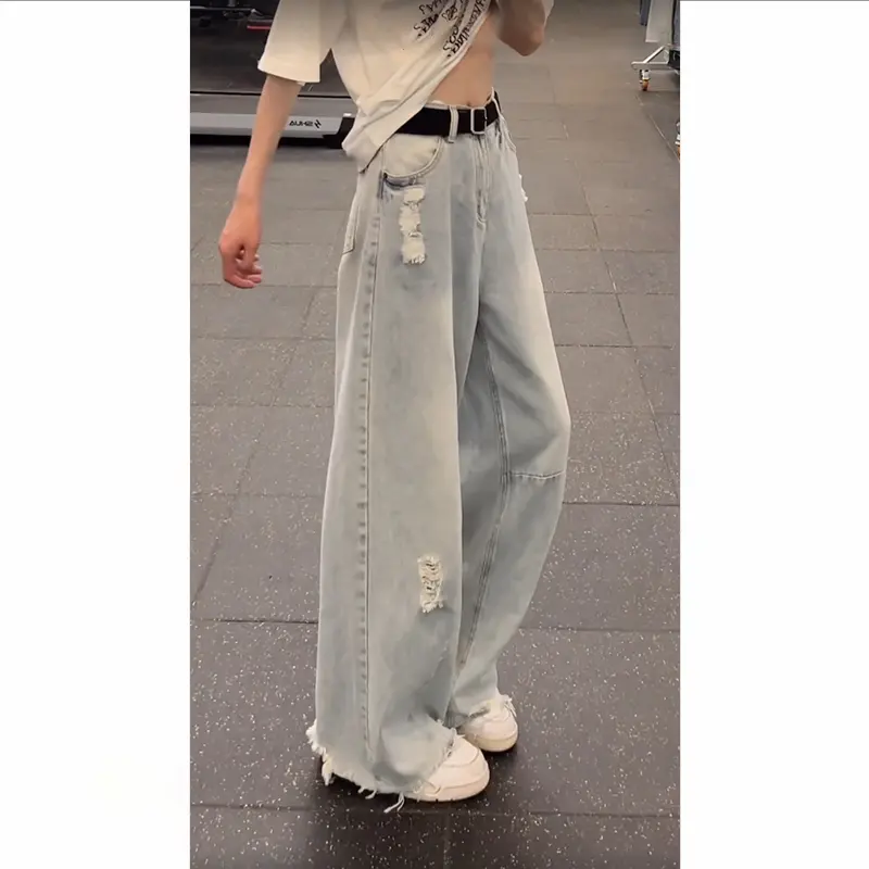 军格浅蓝色破洞微喇牛仔裤男薄款美式高街毛边弯刀裤子宽松阔腿裤