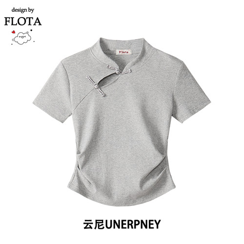 【flota】新中式盘扣斜襟上衣短袖T恤女2025夏季新款别致洋气小衫