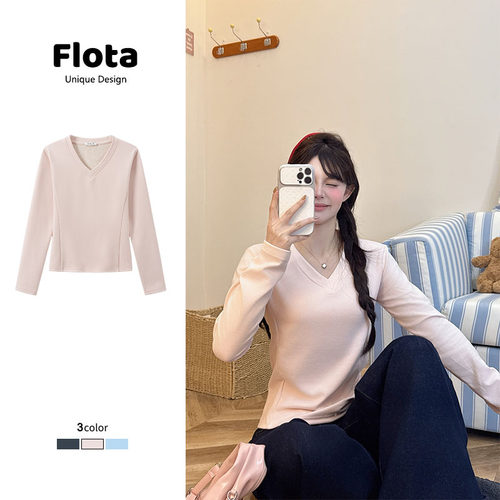 【flota】韩版纯色秋季新款别致修身显瘦打底衫V领正肩内搭3025