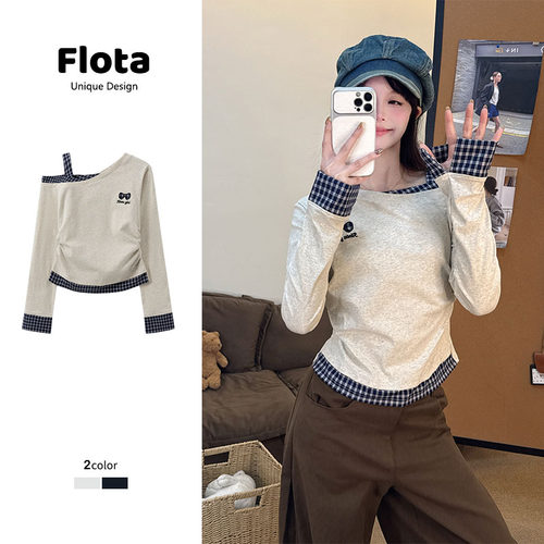 【flota】韩系刺绣格纹斜领女设计感袖口长袖甜妹收腰短款3044