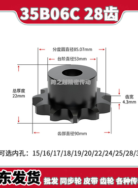 35B06C 28齿链轮S45C钢淬火BS型单双排工业链轮非标定制内孔15-30