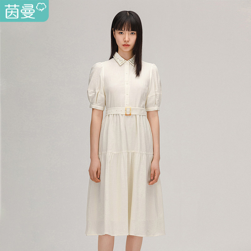【商场同款】茵曼夏装新款猫头鹰绣花珠片短袖连衣裙蛋糕裙女