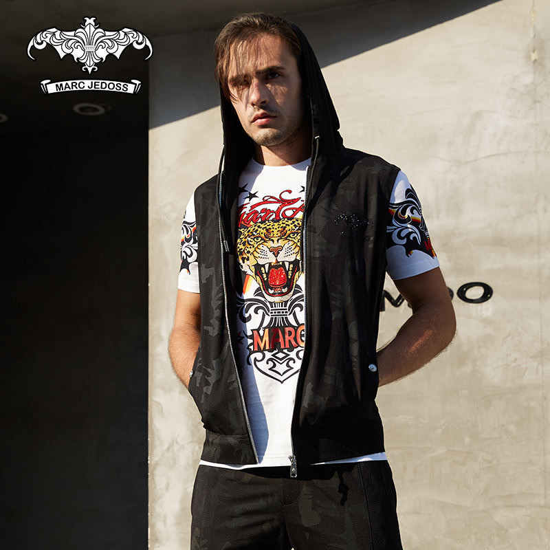 暗纹印花连帽拉链马甲薄外套