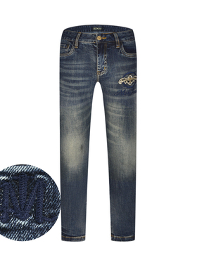 JEDOSS/爵迪斯男装2025秋季新款简约LOGO刺绣磨白蓝色牛仔裤368B