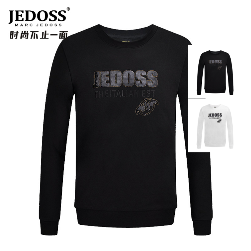 JEDOSS/爵迪斯男装秋冬新款字母珠片刺绣圆领套头卫衣打底衫