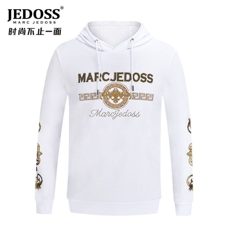 JEDOSS/爵迪斯男装秋冬专柜款logo金线绣连帽白色卫衣烫金潮0351