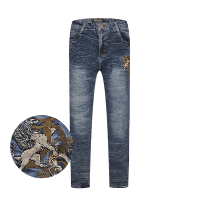 刺绣折痕长裤牛仔裤爵迪斯