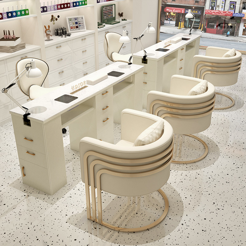 中闽芸尚高端奶油风美甲桌椅套装大理石桌面自带吸尘器插座修甲台