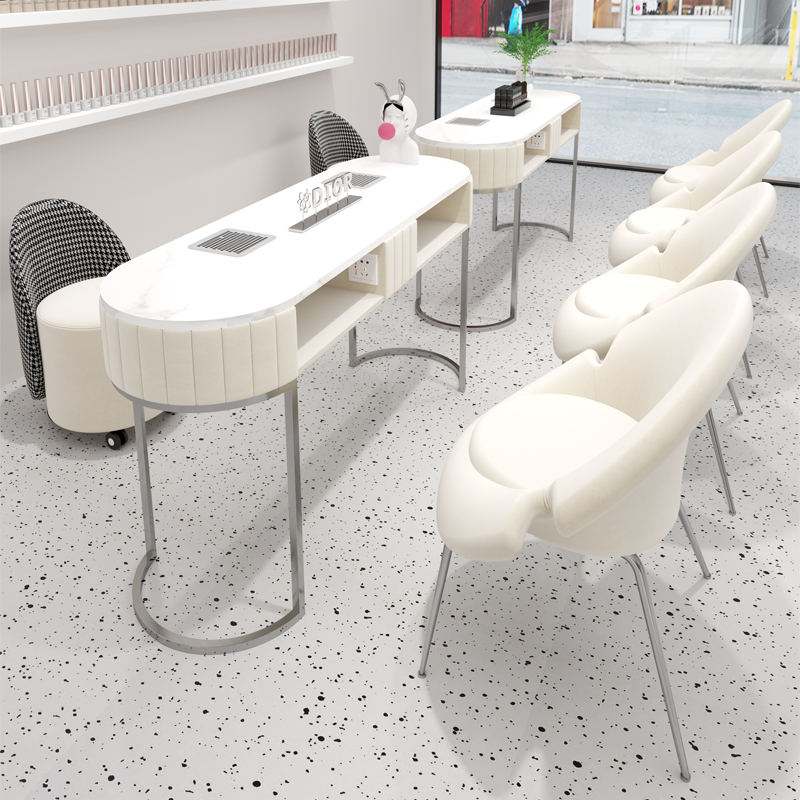 中闽芸尚奶油风格不锈钢美甲桌椅套装内嵌新款吸尘器不漏灰美甲台