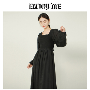 ENJOYME方领连衣裙女2023年夏季法式赫本风黑色高级感收腰小裙子