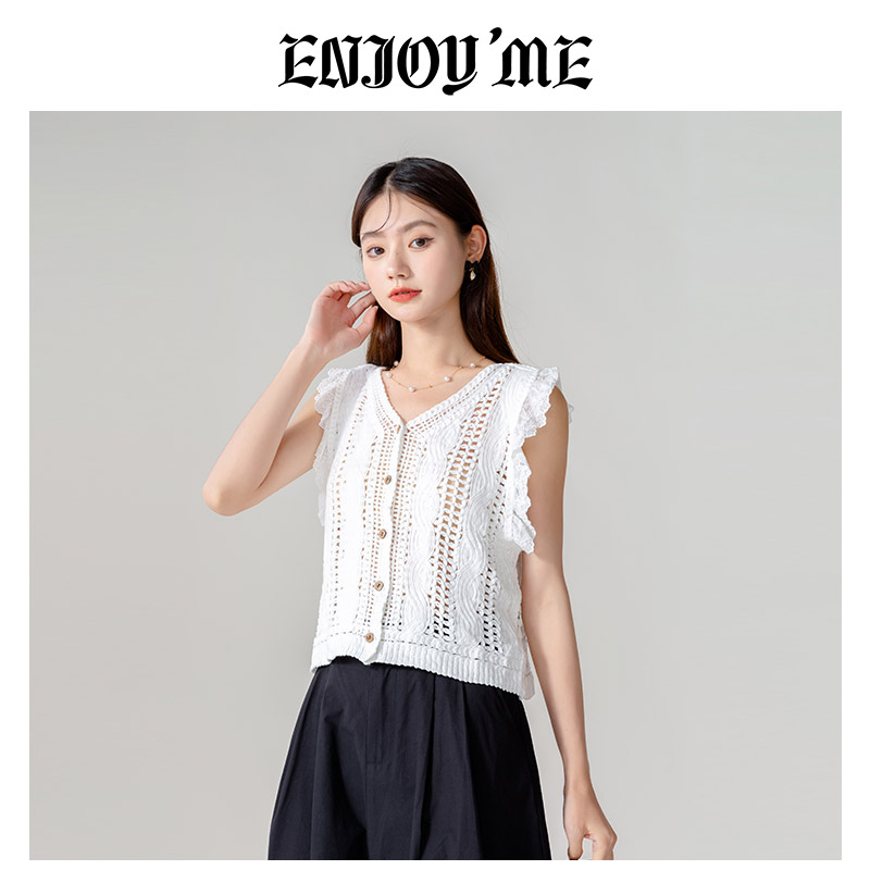 ENJOYME镂空针织小衫女夏季新款勾花无袖休闲短上衣白色百搭开衫
