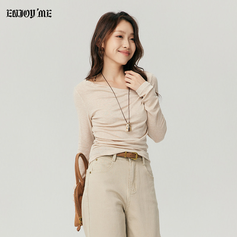 ENJOYME商场同款简约圆领长袖针织衫女秋季杏色修身百搭T恤打底衫