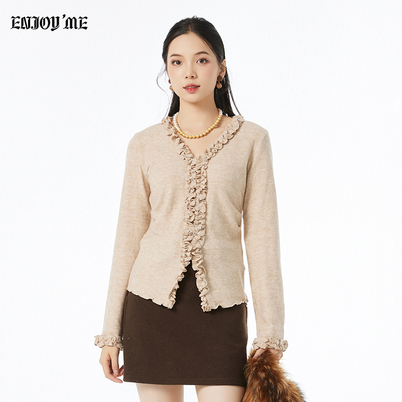 ENJOYME设计感花边V领针织衫