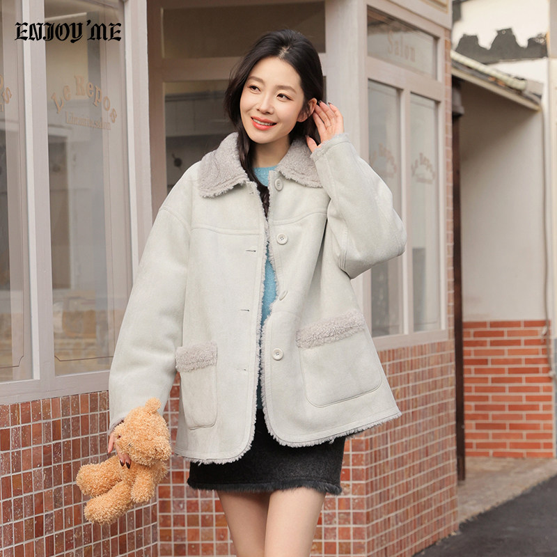 ENJOYME商场同款翻领双面穿毛毛短款外套女2025冬保暖单排扣上衣