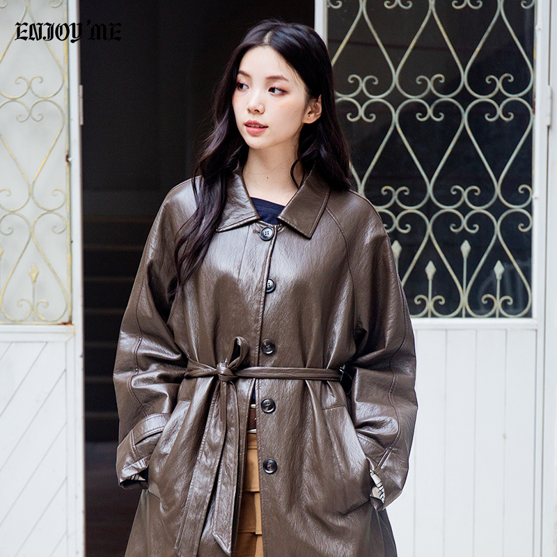 ENJOYME商场同款翻袖条纹皮衣