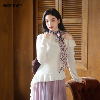 ENJOYME商场同款荷叶边斜肩T恤