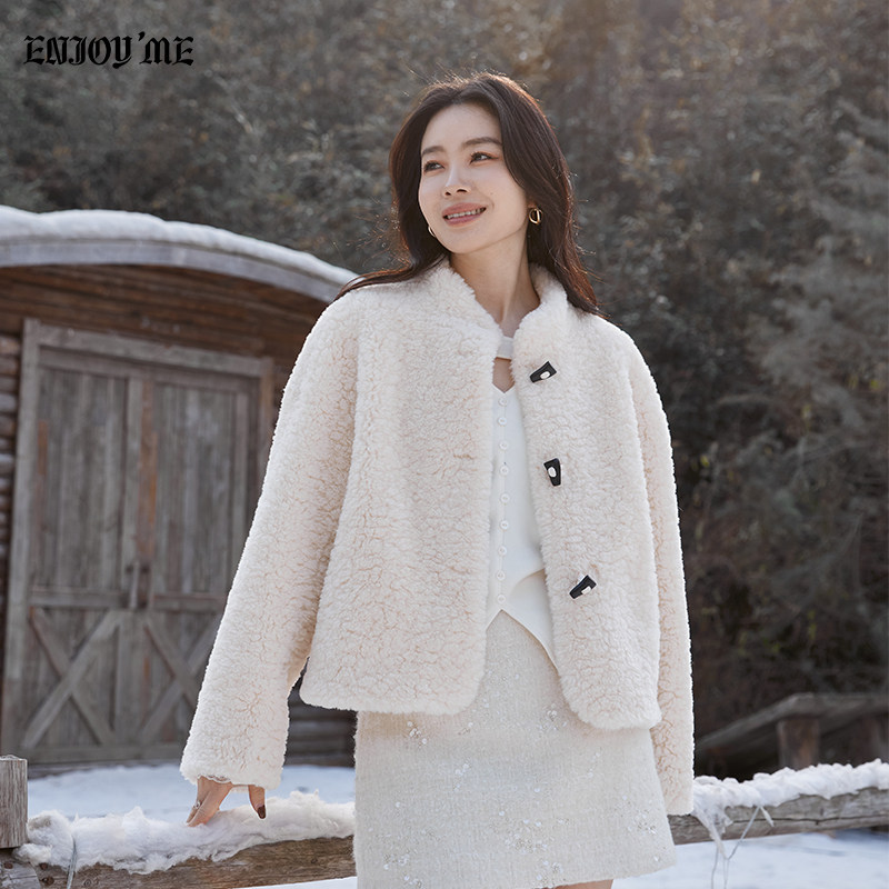 ENJOYME商场同款慵懒风毛毛外套女短款冬季高级感立领牛角扣上衣,女装/女士精品,短外套,淘宝优惠券,粉丝福利购,淘宝优惠卷