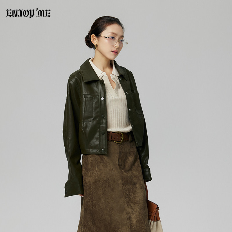 ENJOY复古机车风短款军绿皮衣女