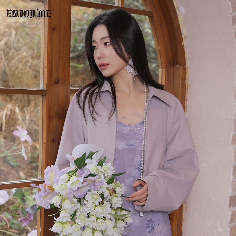 ENJOYME商场同款翻领蝙蝠袖皮衣女2026年春季紫色宽松气质短外套