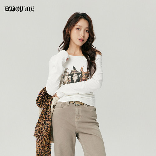 ENJOYME美式复古猫咪长袖T恤女