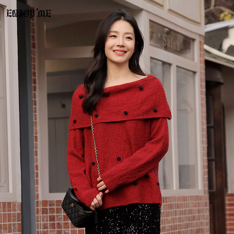 ENJOYME商场同款法式气质波点一字肩毛衣女2025冬季套头红色上衣,女装/女士精品,毛衣,淘宝优惠券,粉丝福利购,淘宝优惠卷