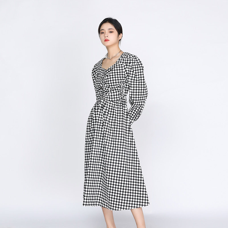 enjoyme格子褶皱方领连衣裙女2022年春季新款气质时尚中长款裙子