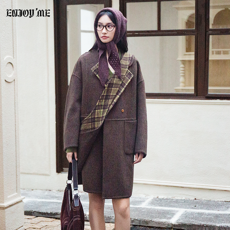 ENJOYME格子披肩中长款大衣
