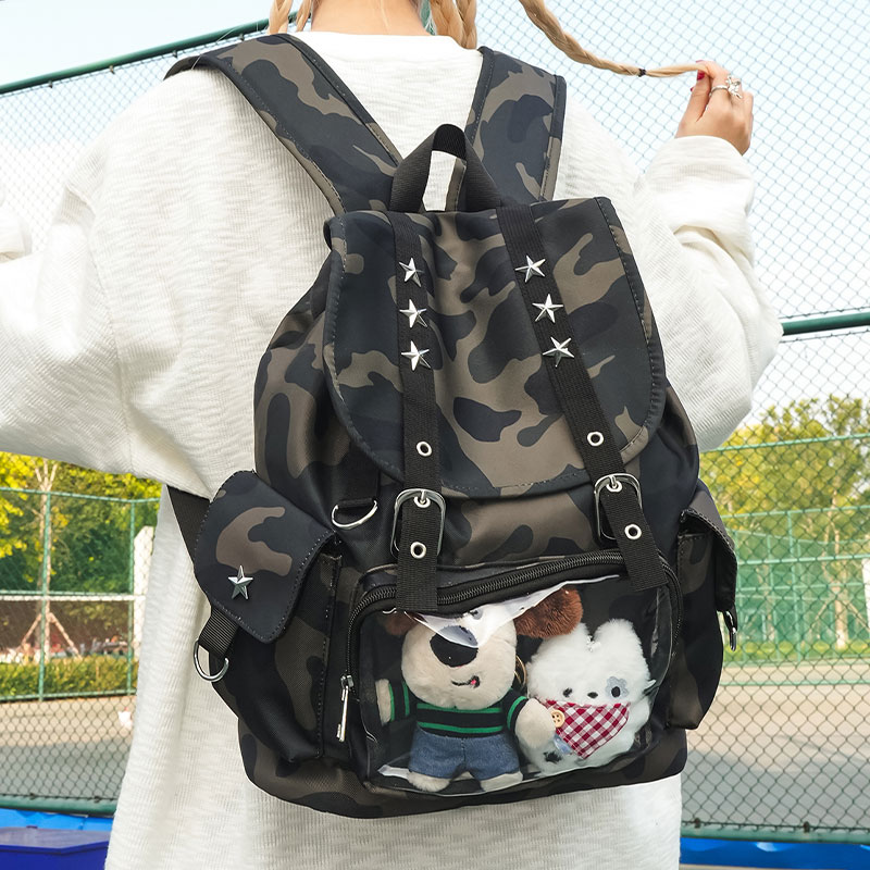 韩系复古ins迷彩双肩痛包女学生书包大容量星星装饰休闲旅行背包