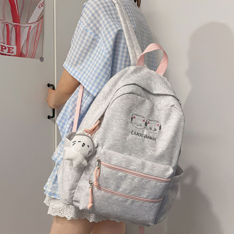 韩系卡通刺绣猫咪书包女初中学生高颜值轻便少女背包大容量双肩包