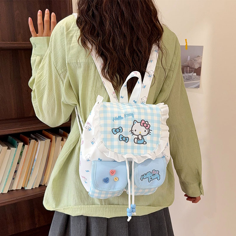 可爱少女卡通蓝白格纹KT猫双肩包
