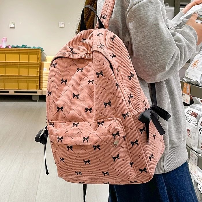 日系ins原宿风文艺大容量条绒布包2024秋冬新款碎花时尚休闲背包