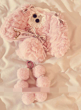 适用oppoA58手机壳A1A2A3A5A6pro毛绒茸蕾丝兔耳朵a97a96a93a92s可拎毛球链a55a57a53A72a79a77女a32A11A35新