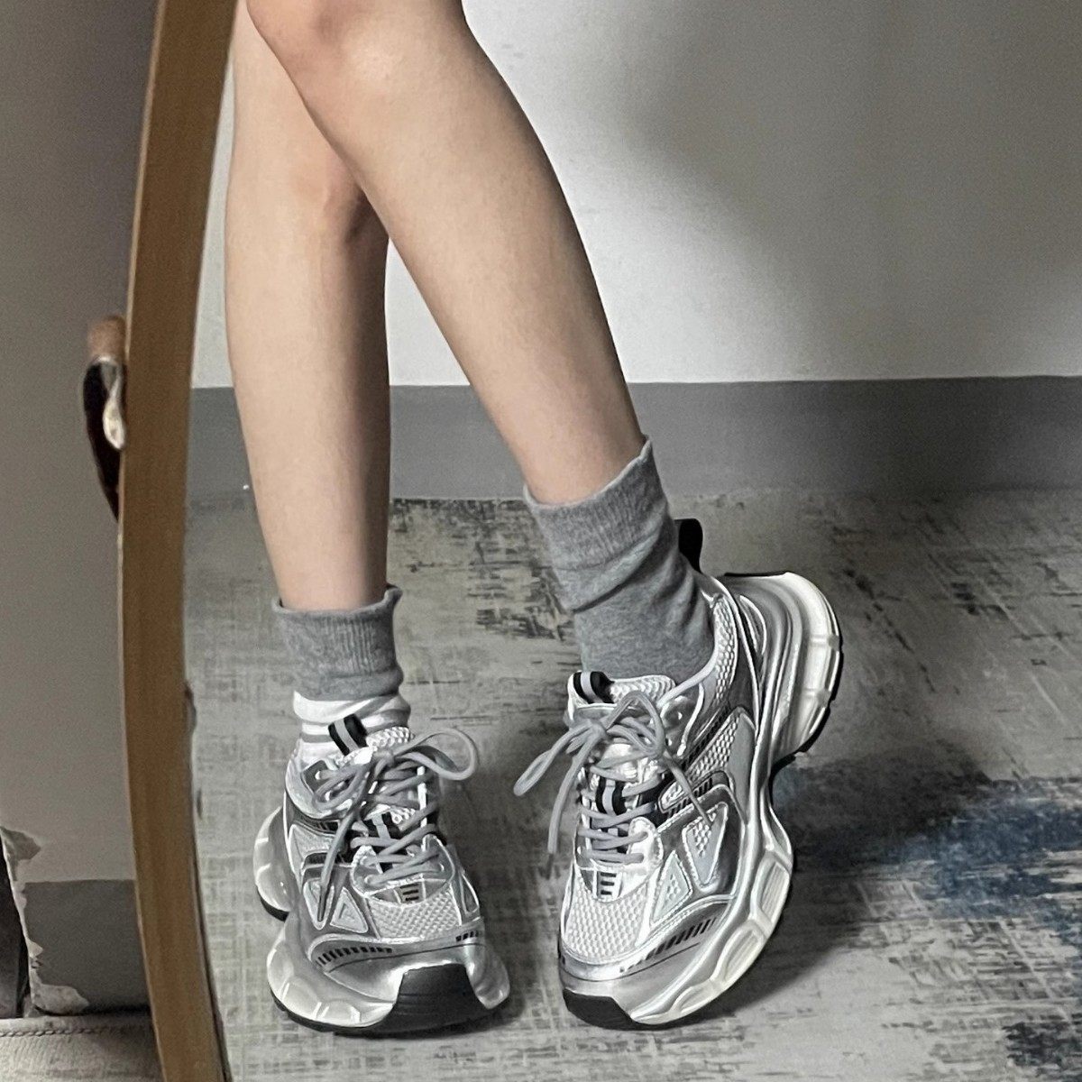 银色厚底老爹鞋女2025春季新款网面百搭显脚小学生运动休闲运动鞋