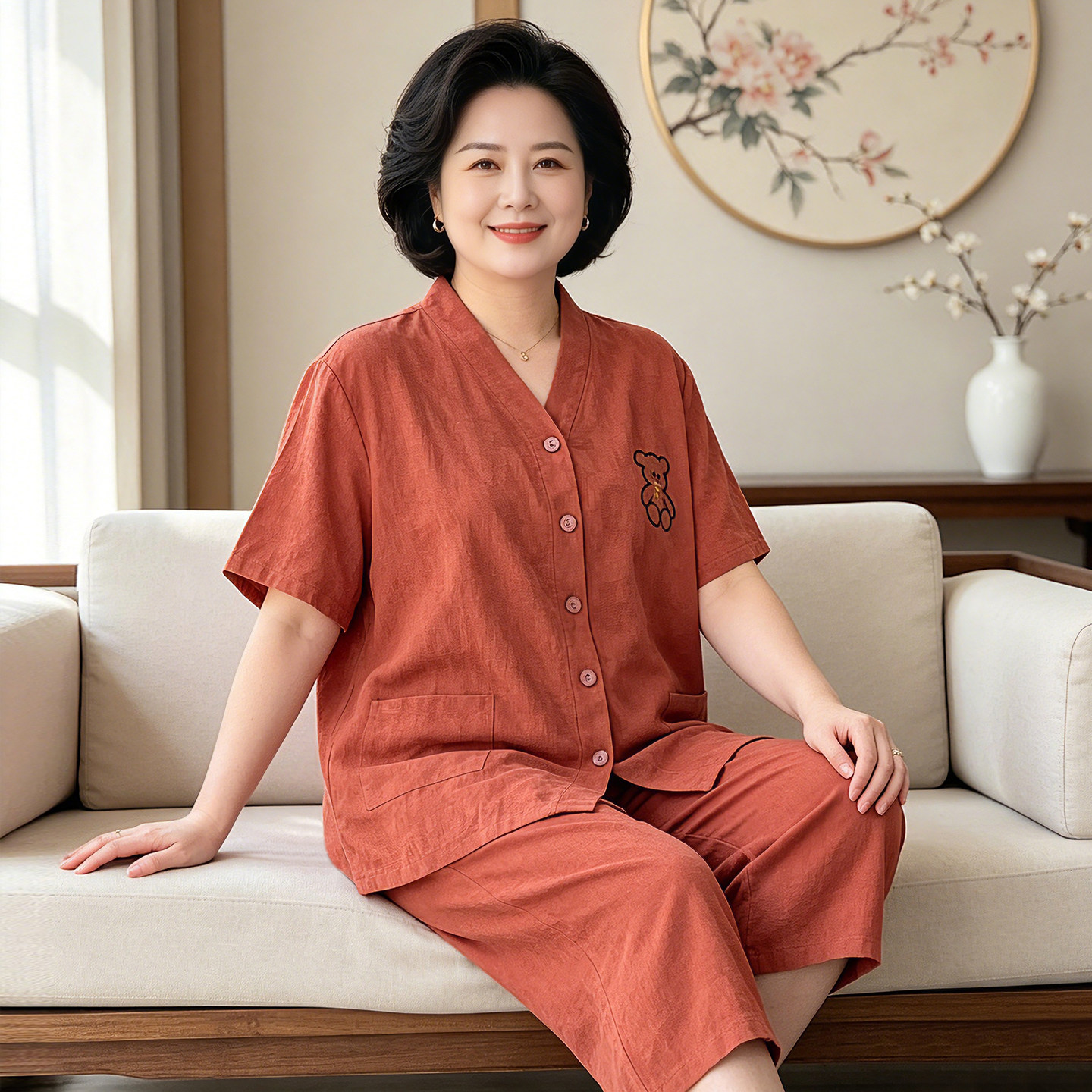 夏薄款棉纱大码女装妈妈加肥加大睡衣纯棉纱布家居服200斤中老年
