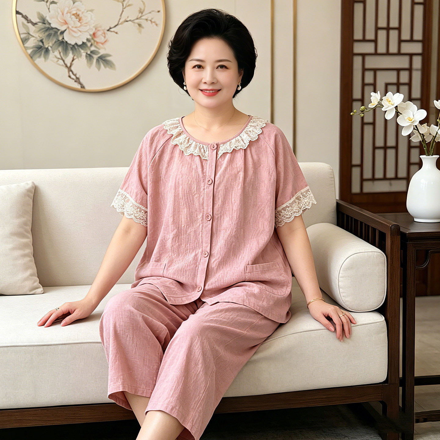 夏季棉纱大码女装妈妈加肥加大睡衣纯棉纱布薄款家居服中年200斤